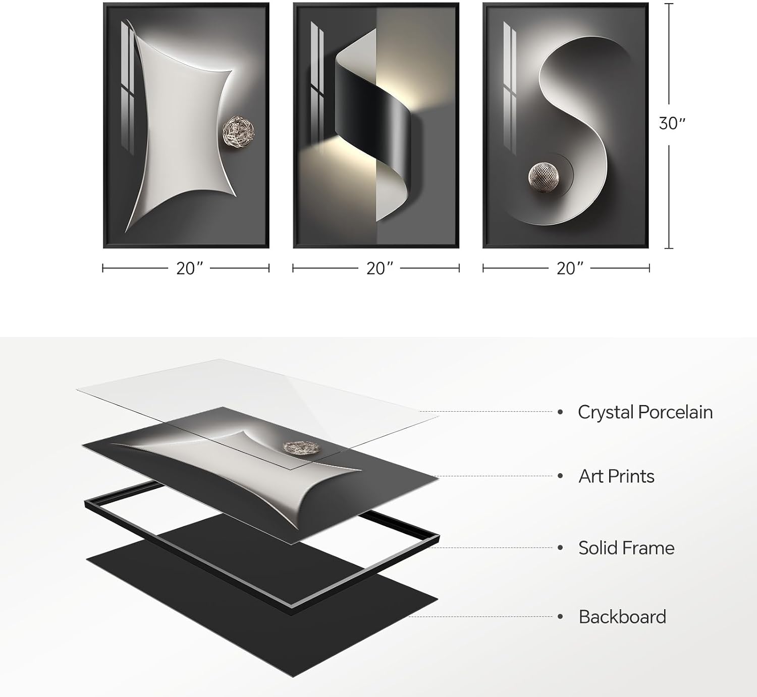 3 Piece Framed Black and White Abstract Wall Art for Living Room, Large Modern Minimalist Geometric Picture Prints Paintings, Bright Style Luxury Artwork for Bedroom Dining Room Wall Decor 20x30 Inch