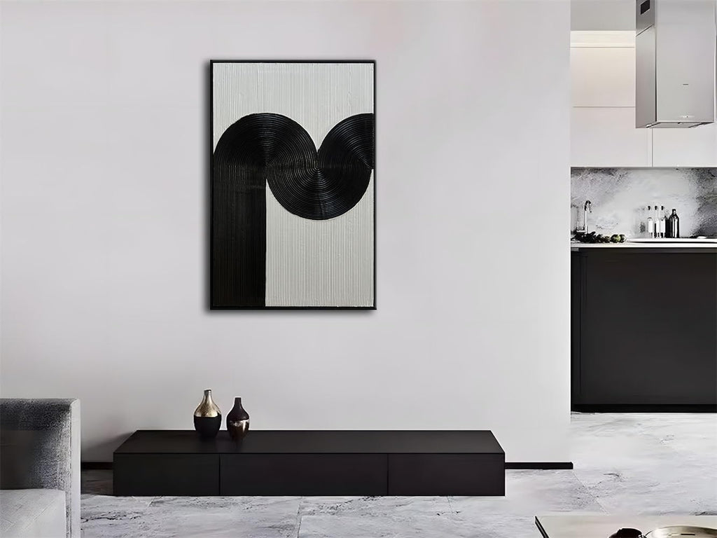 Black Framed Arch Wall Art Black and White 3D Textured Painting Modern Abstract Wabi Sabi Wall Decor Minimalist Wall Painting for Living Room Bedroom