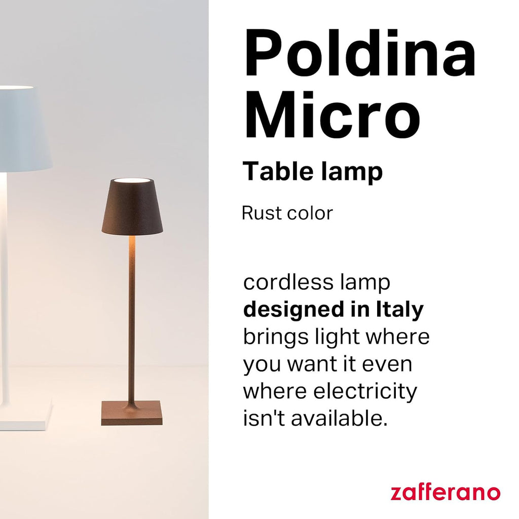 Zafferano, Poldina Micro Lamp, Rechargeable Cordless Table Lamp with Touch Controls, Suitable for Indoor and Outdoor, Dimmer, 2200-3000 K, Height 10.8 Inches, Rust Color