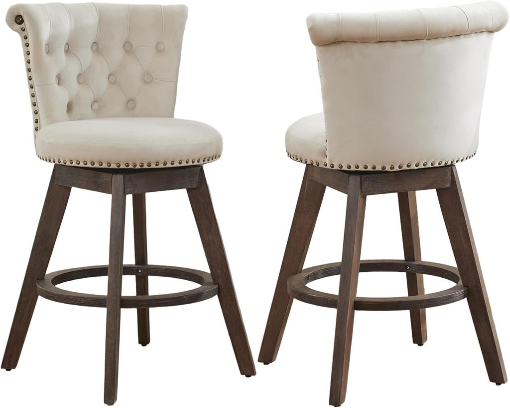 Velvet Bar Stools Set of 2, Modern Swivel Counter Height Stools, Upholstered Kitchen Island Chairs with Button Tufted Back, Rivet Trim, Solid Wood Legs, 25' H Seat, Beige
