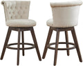 Velvet Bar Stools Set of 2, Modern Swivel Counter Height Stools, Upholstered Kitchen Island Chairs with Button Tufted Back, Rivet Trim, Solid Wood Legs, 25' H Seat, Beige