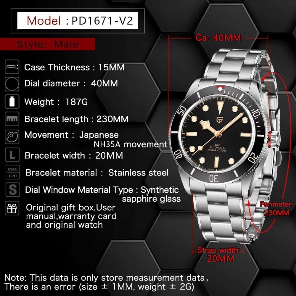 HaiQin Pagani Design 1671 V2 Classic Men's Automatic Watches Japanese NH35A Self-Winding Movement 100M Waterproof Mechanical Watch, Stainless Steel Aluminum Bezel Fashion Business Luminous Watch Date
