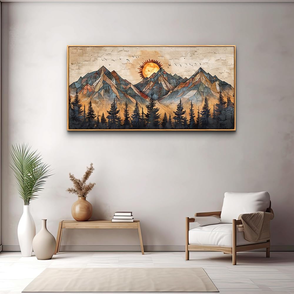 ZUITINGHUA Boho Wall Art For Living Room Large Canvas Wall Decor For Bedroom Office Decorations Abstract Wall Paintings Mountain Landscape Pictures Modern Home Mural Artwork Wood Framed 24x48 In
