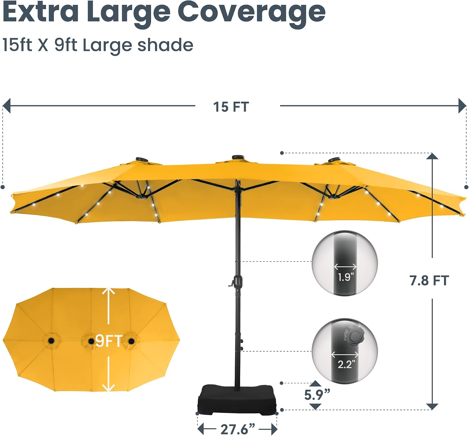PHI VILLA 15ft Large Patio Umbrella with Solar Lights, Double-Sided Outdoor Market Rectangle Umbrellas with 36 LED Lights, Umbrella Base (Stand) Included, Golden Yellow