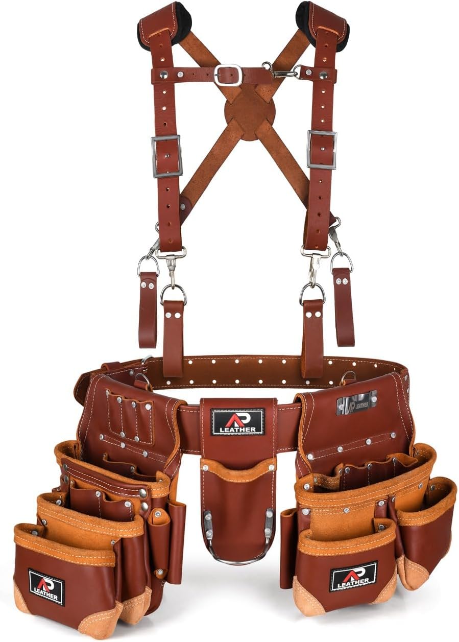 AP-LEATHER PRO-19 4MM Genuine Full Grain Leather Tool Belt for Men, tool belt with suspenders, Comfort Back Padded Support with Brass Hardware Tool Pouches With Suspenders (28 Pocket Tool Belt)