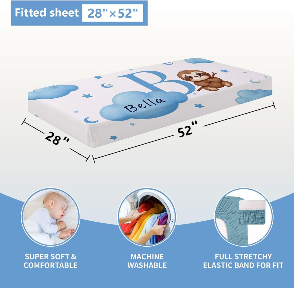 KAINSY Custom Crib Bedding Set, 5 Pcs Personalized Name Monogram Baby Crib Sets for Infants Toddlers, Blue Sloth Nursery Bedding Set for Boys Girls, Double Layer Baby Bedding Sets Customized Gifts