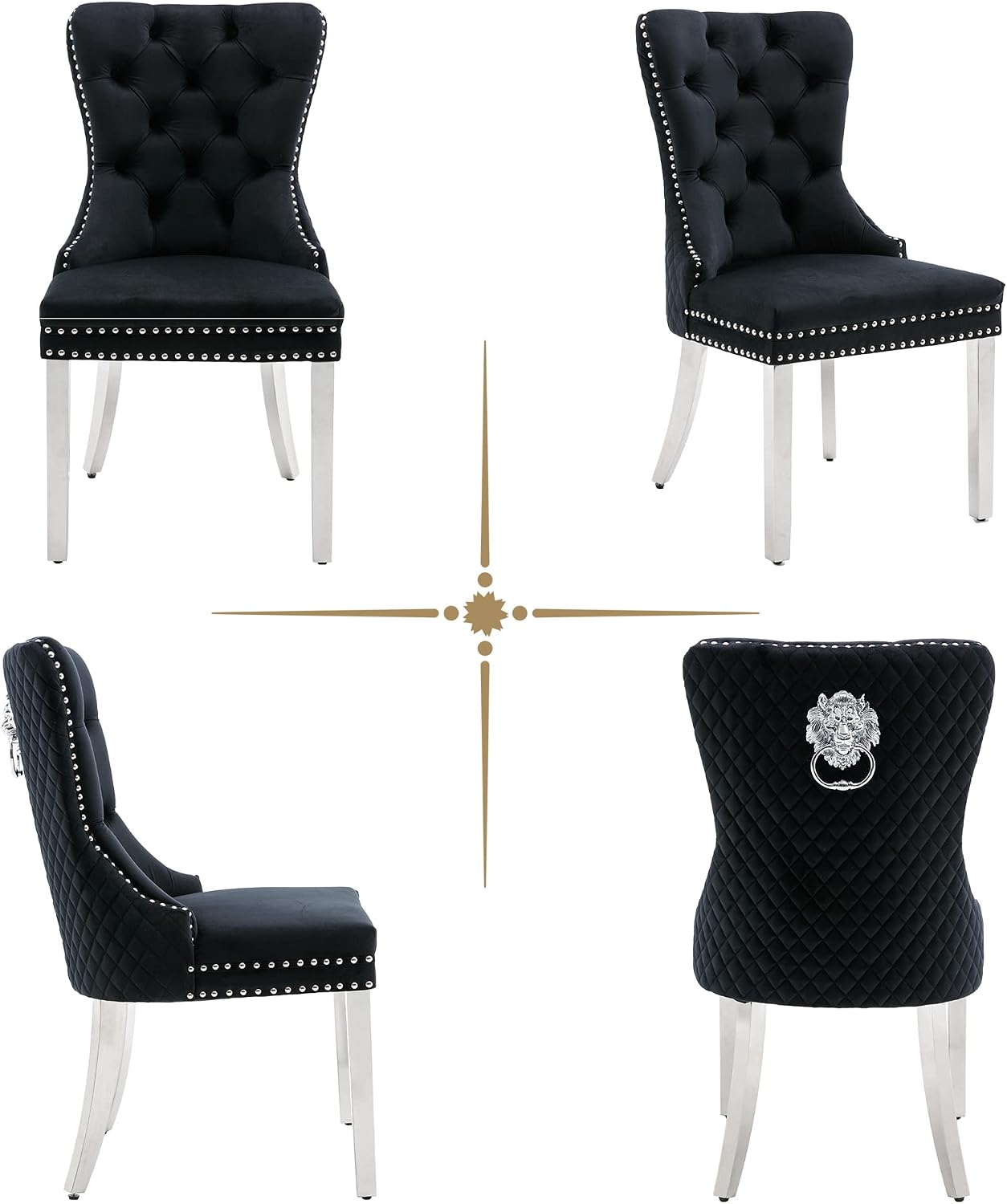 civama Dining Chairs Set of 2, Elegant Luxury Velvet Tufted Dining Chairs Silver Legs & Nailhead Trim, Back Lion Head Pull Ring & Rhomboid Pattern, Nikki Collection Armless Kitchen Chair, Black