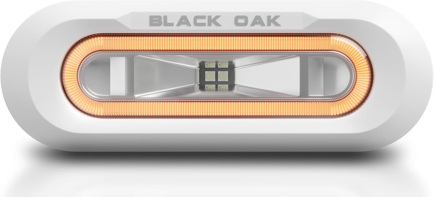 Black Oak Low Pro™ Marine Spreader Light – 2000 Lumens, 120° Beam, IP69K Rated – Flush Mount LED Deck/Dock Fixture for Boats (White Housing, Amber Halo)