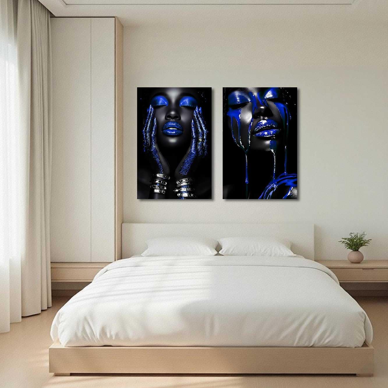 BJYCHG 2Pcs African American Canvas Wall Art Abstract Black Woman Face Painting Prints Fashion Black Female Portrait Poster Pictures Modern Girl Bedroom Room Decor (Blue, (24x36inx2 Pieces))