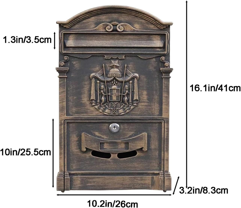 Mailboxes for Outside, Wall Mount Locking Mailbox, Vintage Large Capacity Mail Box, Security Mail Letter Metal Mailbox, for Outside(Brass)
