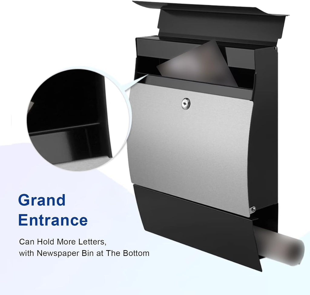 Modern Wall Mounted Mailbox, Large Capacity Galvanized Steel Metal Mail Box, Locking Mailboxes for Outside, Boxes Hanging Secure Postbox 14 x 4 x 18 Inch