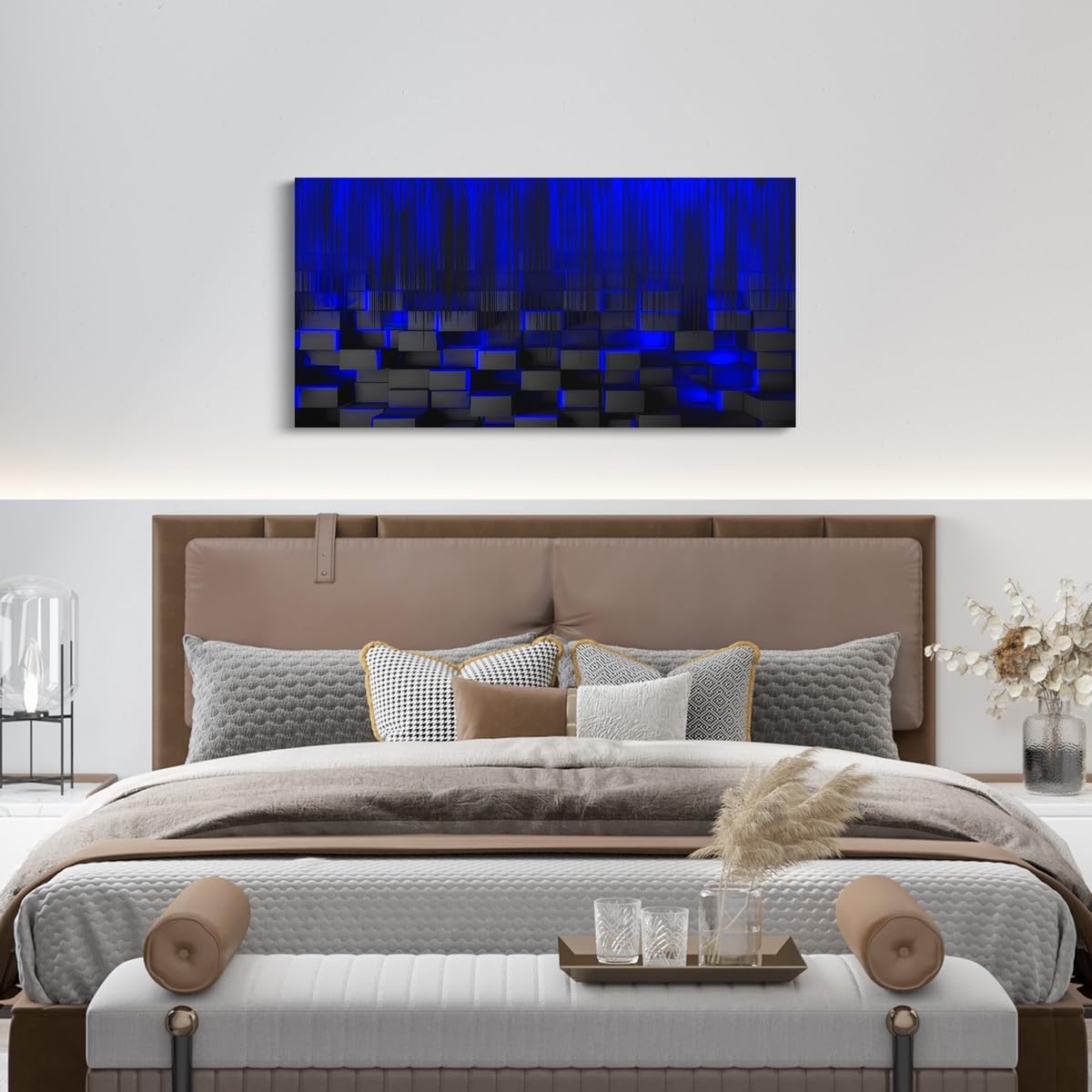 Feelyou Blue and Black Large Artwork 29'x58' for Home Decor Bathroom Office Decorations Artwork Posters Honeycomb Canvas Wall Art for Living Room Bedroom Strip Lines Painting