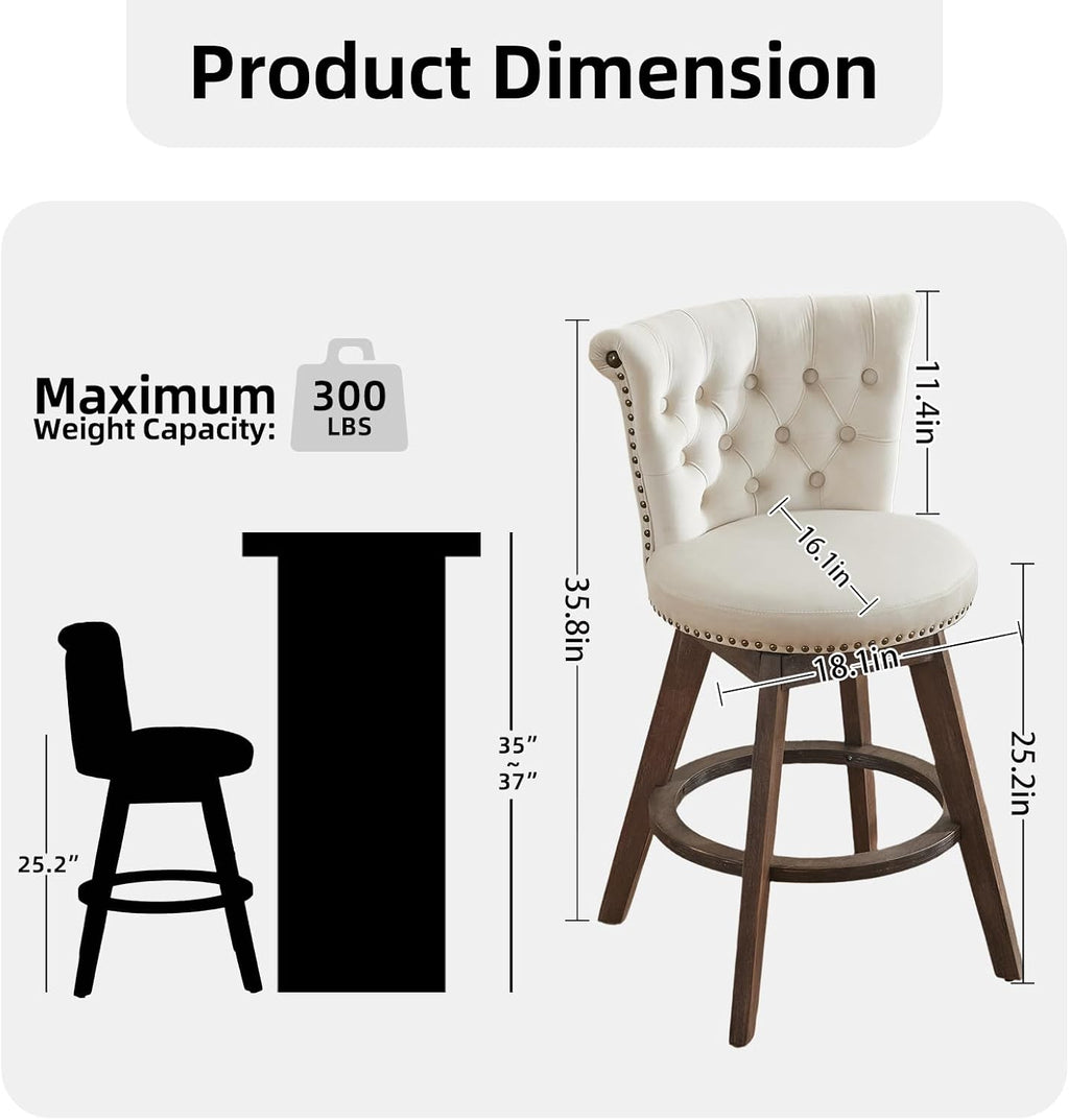 Velvet Bar Stools Set of 2, Modern Swivel Counter Height Stools, Upholstered Kitchen Island Chairs with Button Tufted Back, Rivet Trim, Solid Wood Legs, 25' H Seat, Beige