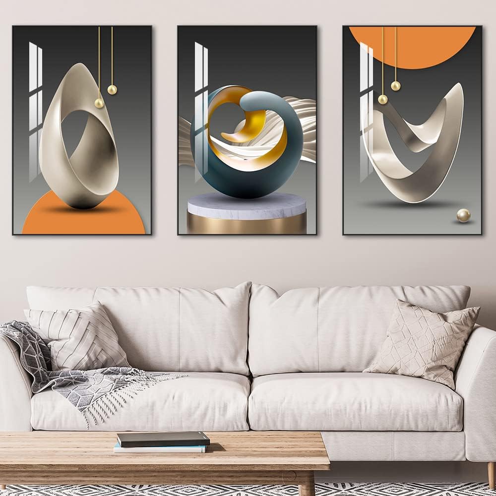MPLONG Bright Style Large Framed Wall Art, Abstract Modern Art Shape Pattern White Blue Yellow Grey Wall Art Artfully Matching Living Room Bedroom Office Wall Decor - 24'x 32'x 3 Panels