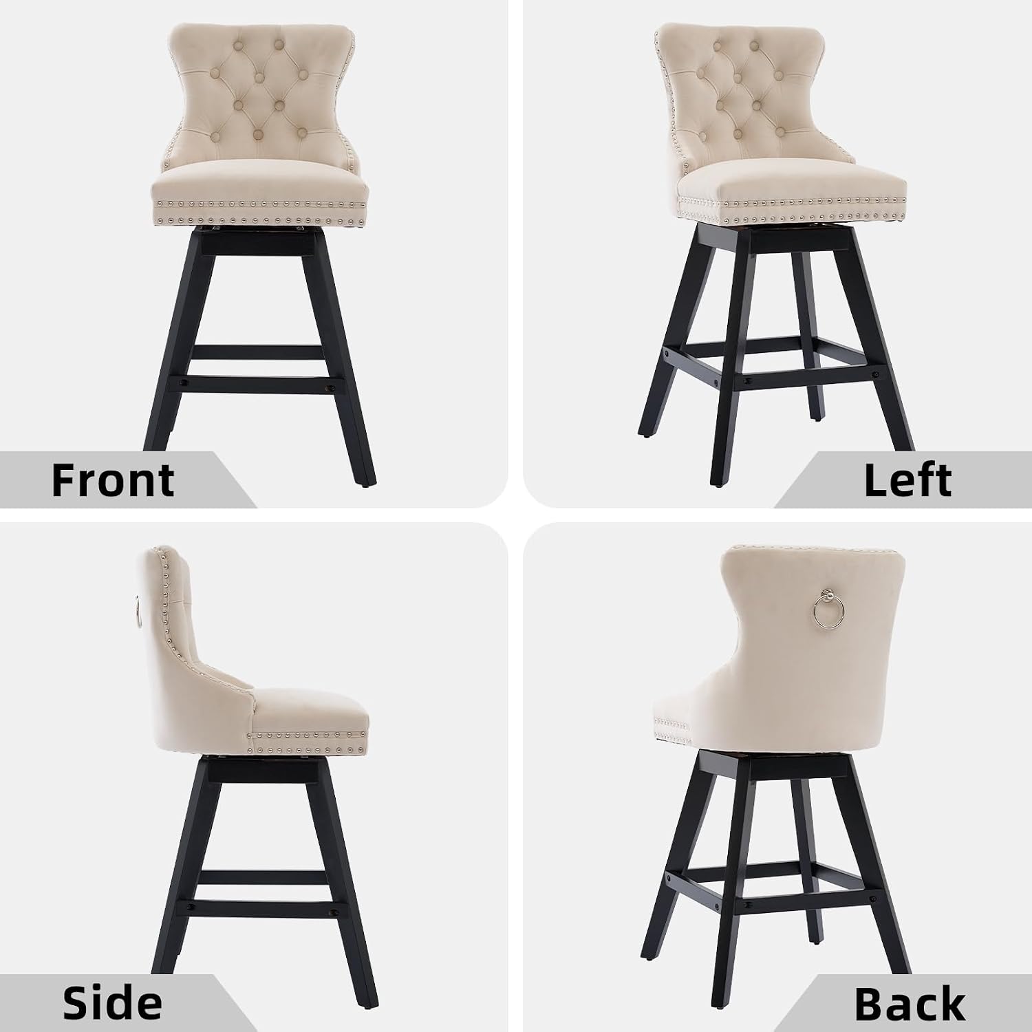 Velvet Bar Stools Set of 2, Modern Swivel Counter Height Stools, Upholstered Kitchen Island Chairs with Button Tufted Back, Rivet Trim, Solid Wood Legs, 26' H Seat, Beige