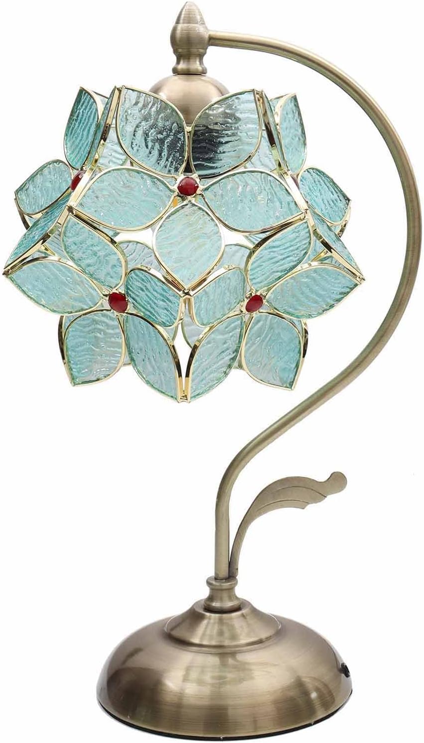Bieye L10932 Tiffany Style Stained Glass Flower Petal Table Lamp with Brass Base for Home Décor (Light Blue, 8' Apple Blossom)