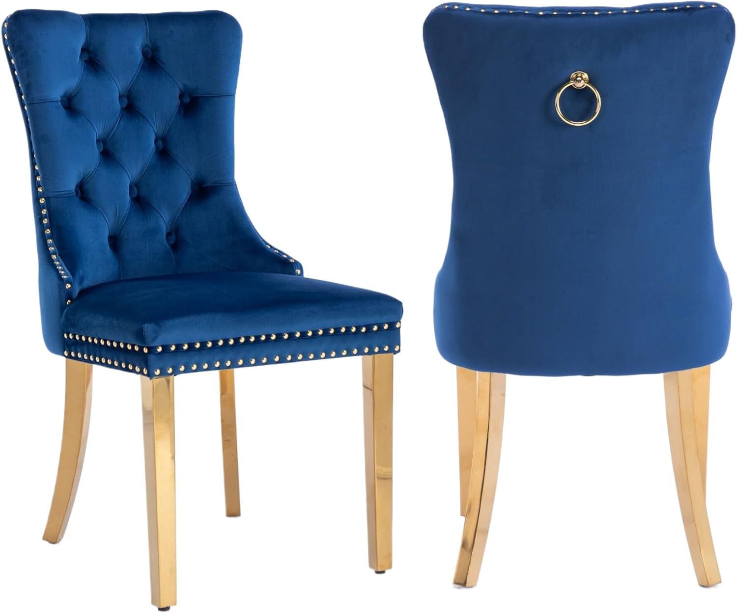 2 Piece Contemporary Velvet Upholstered Dining Chair with Chrome Stainless Steel Plating Legs, Nail Head Decro, Armless Tufted Dining Chair Fabric Dining Room Chair (Blue&Gold, Set of 2)