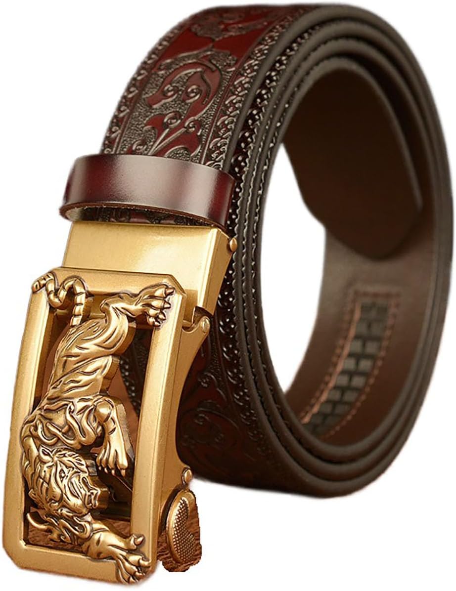 Mens Ratchet Leather Belt, Genuine Leather belts, Engraved Vintage Dragon Eagle Tiger Buckle, Business leisure belt
