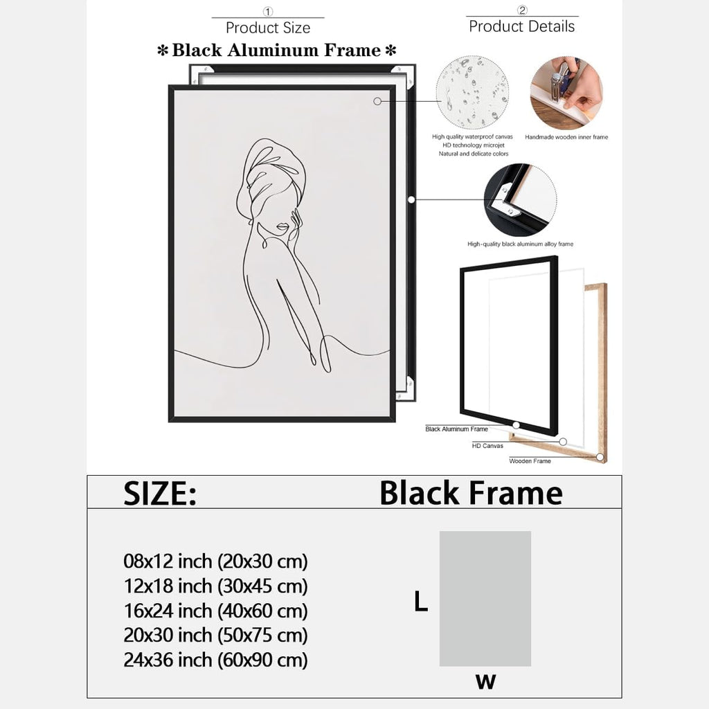 Trendy Female Sketch Wall Art Elegant Home Artwork Decor Minimalist Black and White Body Line Painting Poster Abstract Canvas Print Wall Decor for Bedroom Washroom Bathroom black framed20x30inch
