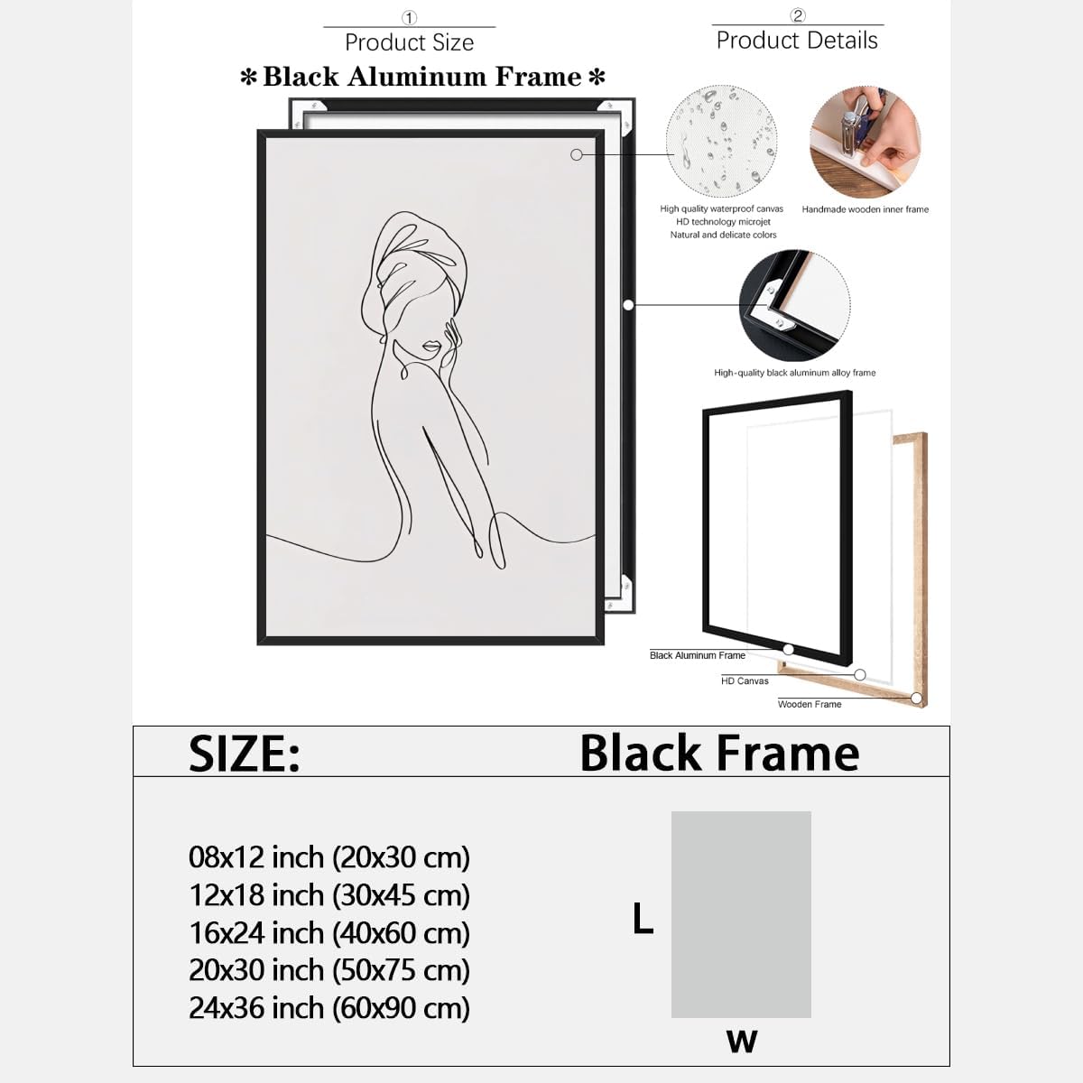 Trendy Female Sketch Wall Art Elegant Home Artwork Decor Minimalist Black and White Body Line Painting Poster Abstract Canvas Print Wall Decor for Bedroom Washroom Bathroom black framed20x30inch