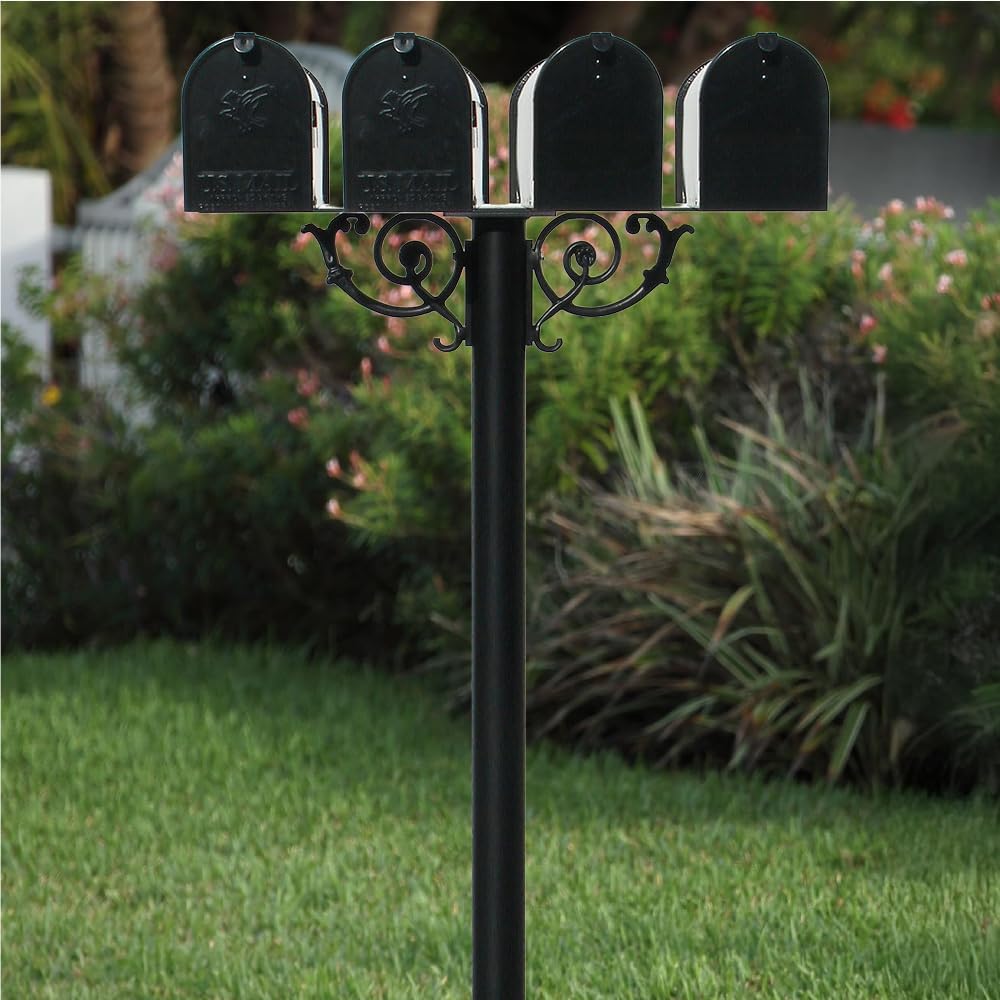 The Hanford Rust Free Cast Aluminum Quad Mailbox Post System with Scroll Supports, Mounting Bracket and 4 Economy Mailboxes, Ships in 2 Boxes