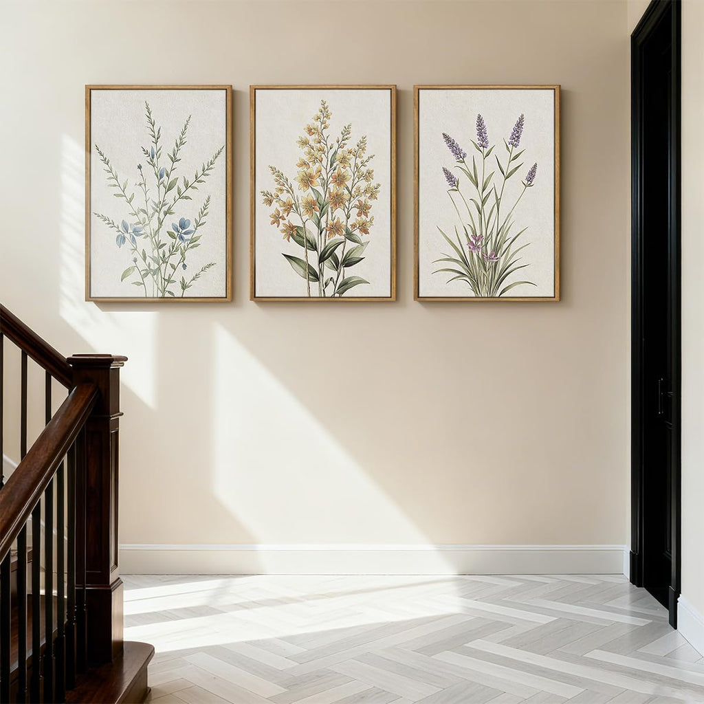 Anyzal Extral Large Botanical Framed Wall Art 24x36 Inch Neutral Floral Canvas Wall Decor Minimalist Beige Wildflower Painting for Living Room Bedroom Dining Room Set of 3