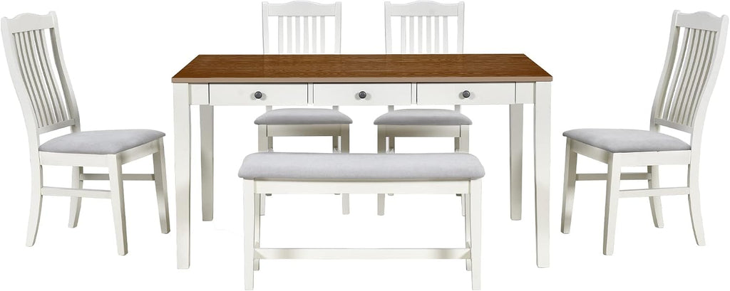 Compact 6-Piece Dining Table Set, Solid Wood Kitchen Dining Room Table Set with 4 Padded Ergonomic Chairs & Bench, 60'' Rectangular Table with Storage Drawer, Space-Saving Design (Grey-P)