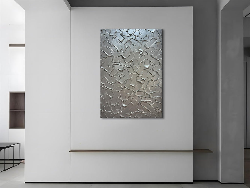 Slyart Handmade 3D Texture Wall Art Modern Abstract Painting 28x40 Inches Minimalist Silver Gray Artwork Oil Painting on Canvas Wall Decor for Living Room Bedroom