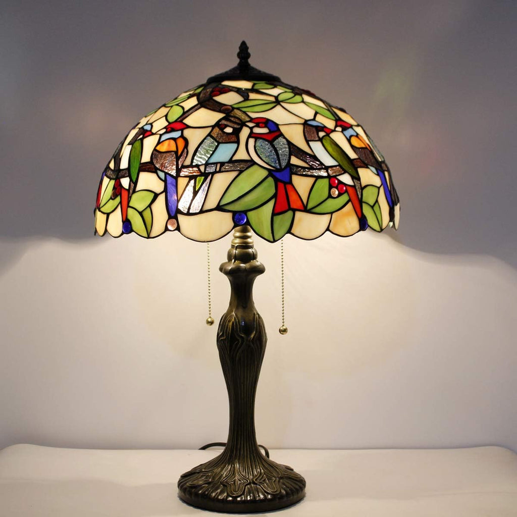 WERFACTORY Tiffany Table Lamp Colorful Stained Glass Birds Bedside Lamp 16X16X24 Inches Desk Reading Light Metal Base Decor Bedroom Living Room Home Office S805 Series