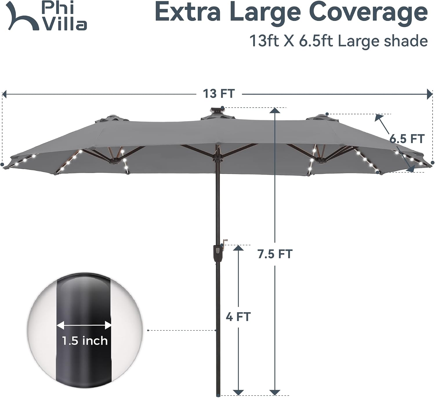 PHI VILLA 13ft Patio Umbrella with 120 PCS Solar-Powered LED Color-Changing Lights, Double-Sided Large Rectanglular Umbrella Outdoor for Table with Crank Lift,Light Grey(No Base)