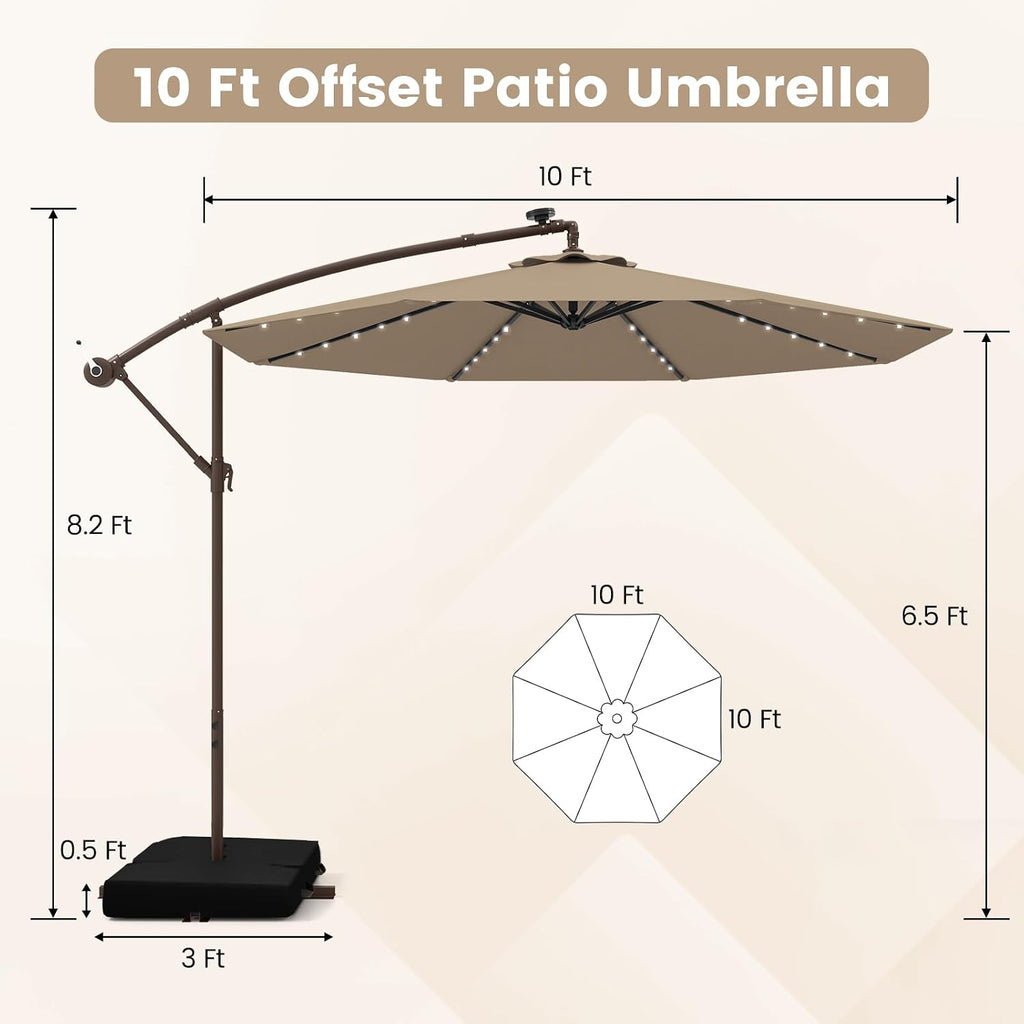 Tangkula 10FT Offset Patio Umbrella with Base Included, Outdoor Cantilever Umbrella with 40 Solar LED Lights, Tilt Adjustment, Crank Handle, Vented Top, Sand Bags for Pool Yard Deck (Tan)