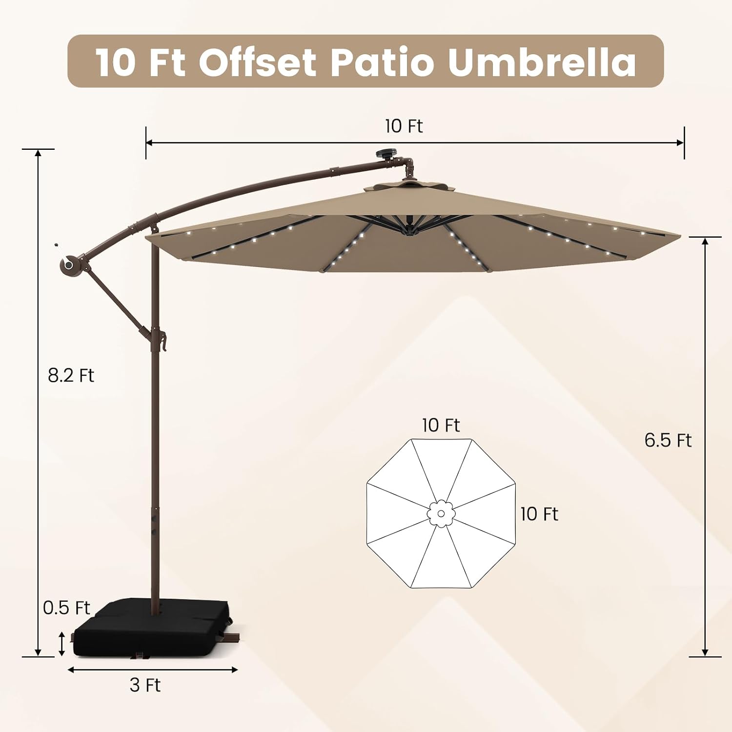 Tangkula 10FT Offset Patio Umbrella with Base Included, Outdoor Cantilever Umbrella with 40 Solar LED Lights, Tilt Adjustment, Crank Handle, Vented Top, Sand Bags for Pool Yard Deck (Tan)