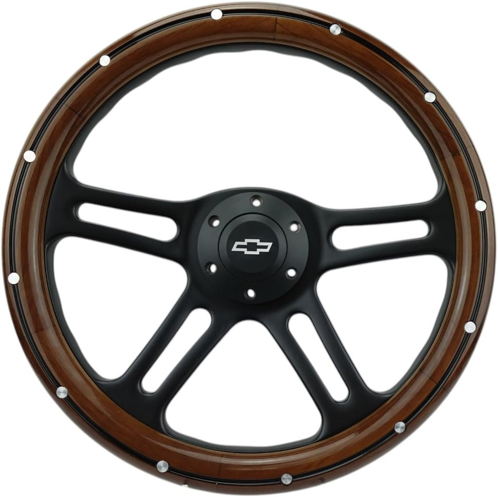 14' Billet Black Aluminum Steering Wheel w/Real Mahogany Wood Rivet Half wrap & Chevy Engraved Horn
