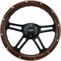 14' Billet Black Aluminum Steering Wheel w/Real Mahogany Wood Rivet Half wrap & Chevy Engraved Horn