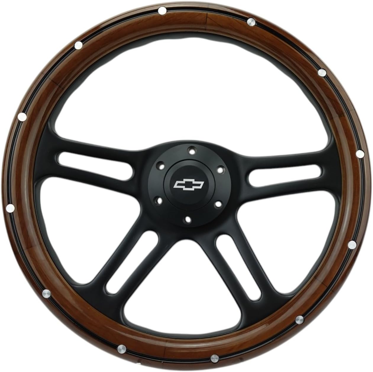 14' Billet Black Aluminum Steering Wheel w/Real Mahogany Wood Rivet Half wrap & Chevy Engraved Horn