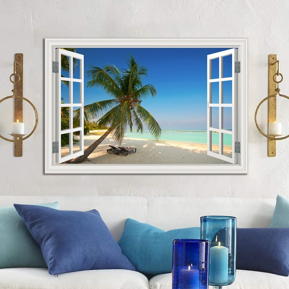 Beach Wall Art Ocean Theme Canvas Pictures White Fake Window Frame Style Tropical Palm Tree Wall Painting Extra Large Blue Coastal Landscape Art Print Seascape Artwork for Living Room Bedroom Home Office Decorations 32x48inch