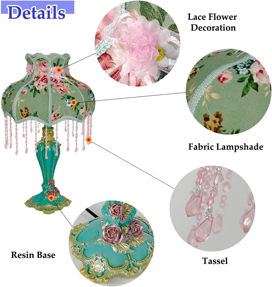 Lovely Table Lamp with Fabric Lampshade, Antique Flower Decorative Bedside Desk Lamp, Handmade Night Light for Bedroom Nightstand (Green)