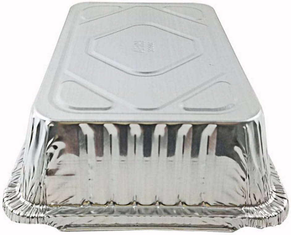 PACTOGO 2 1/4 lb. Oblong Deep Aluminum Foil Take-Out Pan with Board Lid Disposable Containers 8.44' x 5.94' x 1.81' (Pack of 500 Sets)