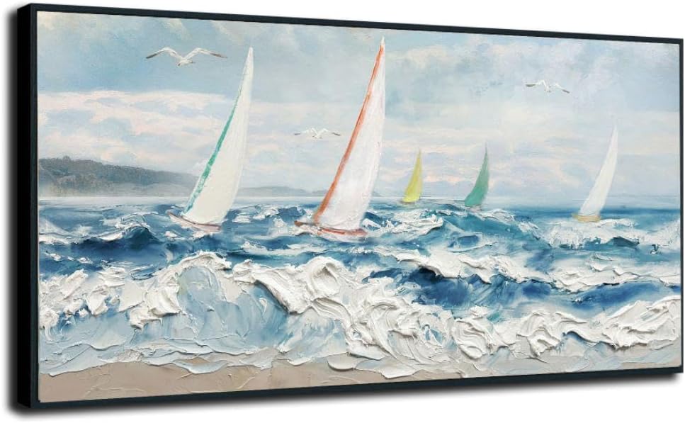 Enartly Extra 3D Textured Waves Sailboat Framed Wall Art, Ocean Coastal Beach Canvas Painting Nautical Artwork for Living Room Bedroom Dining Room Home Office Wall Decor, 58'x29'