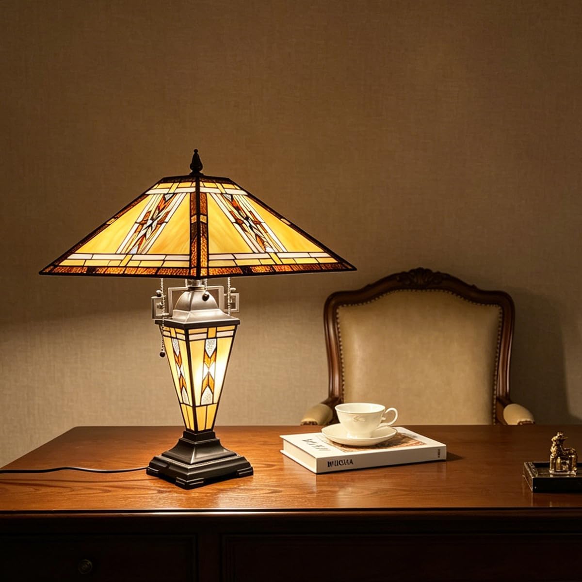 Tiffany Table Lamps with Nightlight,16' Wide Handmade Stained Glass Desk Lamp for Reading,3-Lights Mission Style Antique Nightstand Light for Living Room Bedroom Office
