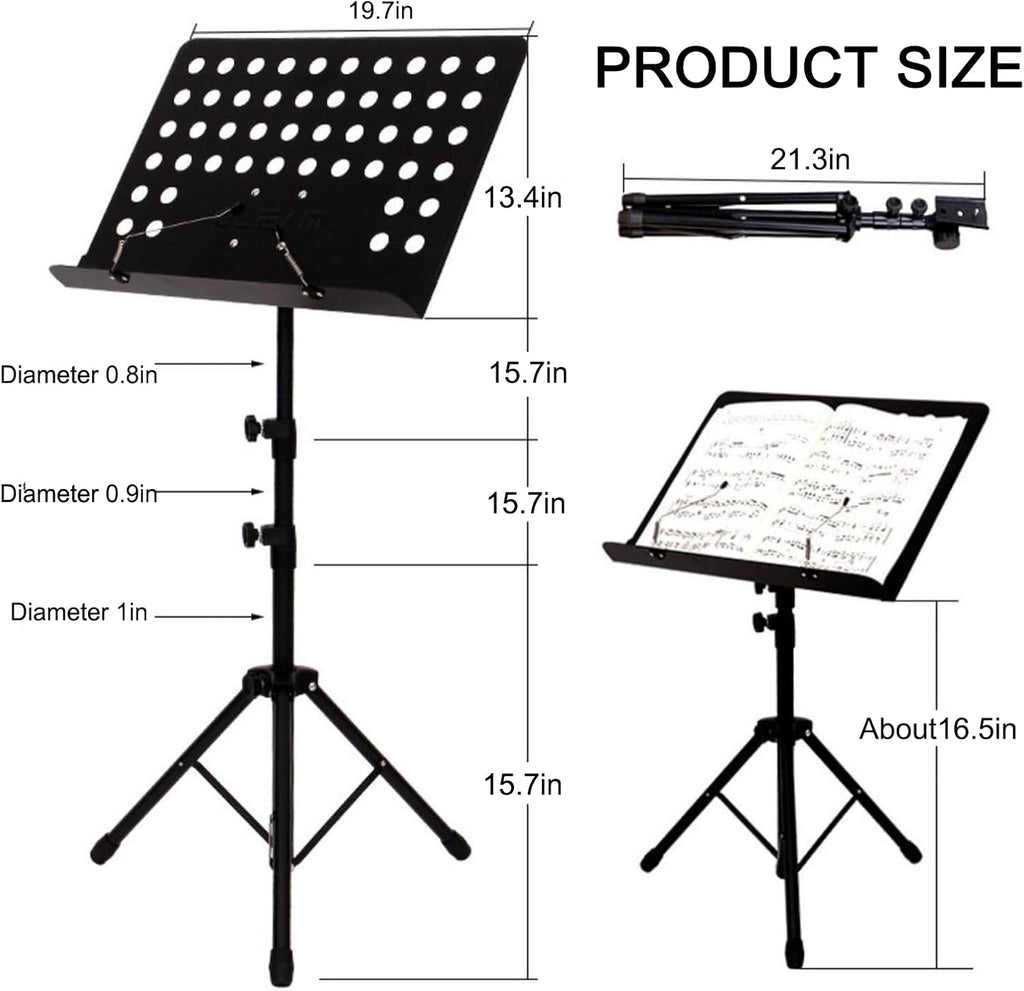 Portable Music Stand, Folding Sheet Music Stand with Microphone Stand & Carrying Bag, Height Adjustable, Non-Slip, Metal Tripod, for Guitar, Violin, Ukulele, Drums, for Lap,