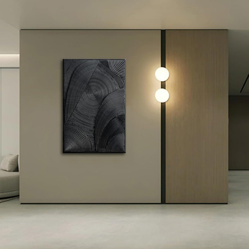 Slyart Black Textured Wall Art, Handmade Contemporary Art 3D Abstract Relief Painting, Framed Thick Texture Vertical Wall Art