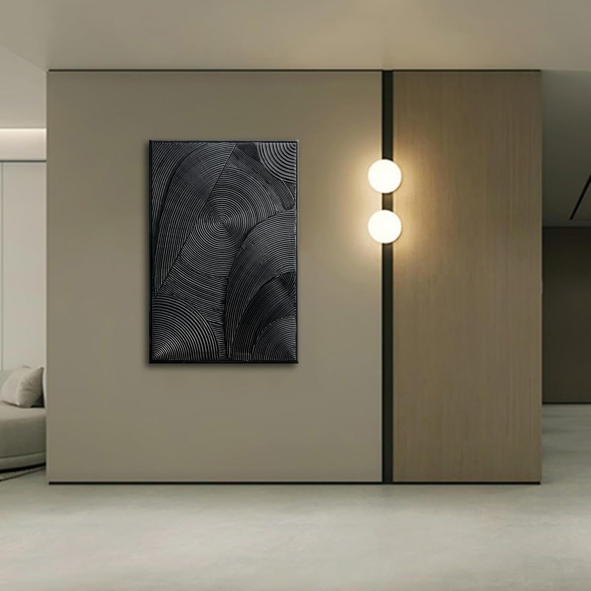 Slyart Black Textured Wall Art, Handmade Contemporary Art 3D Abstract Relief Painting, Framed Thick Texture Vertical Wall Art