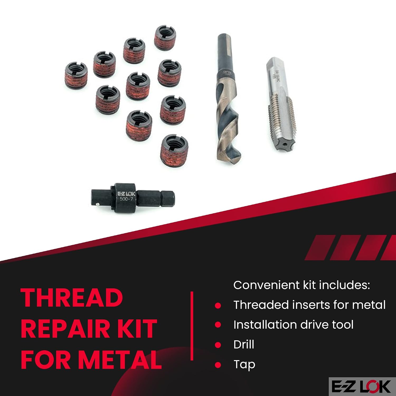 E-Z LOK EZ-310-820 Thread Repair Kit for Metal Carbon Steel Threaded Inserts 1/2-20 and Installation Tools