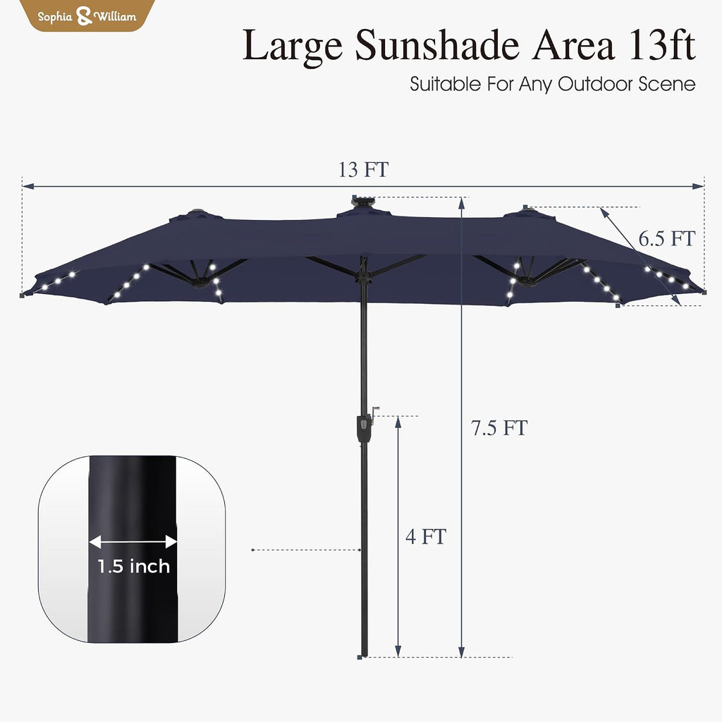 Sophia & William 13ft Outdoor Patio Umbrella with Solar Lights, Large Double-sided Umbrella with LED Lights, Perfect for Garden, Deck, Pool, Navy Blue