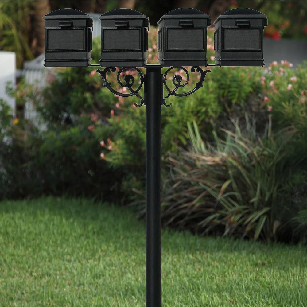 The Hanford Rust Free Cast Aluminum Quad Mailbox Post System with 4 Lewiston Mailboxes, Mounting Bracket and Scroll Supports, Ships in 2 Boxes