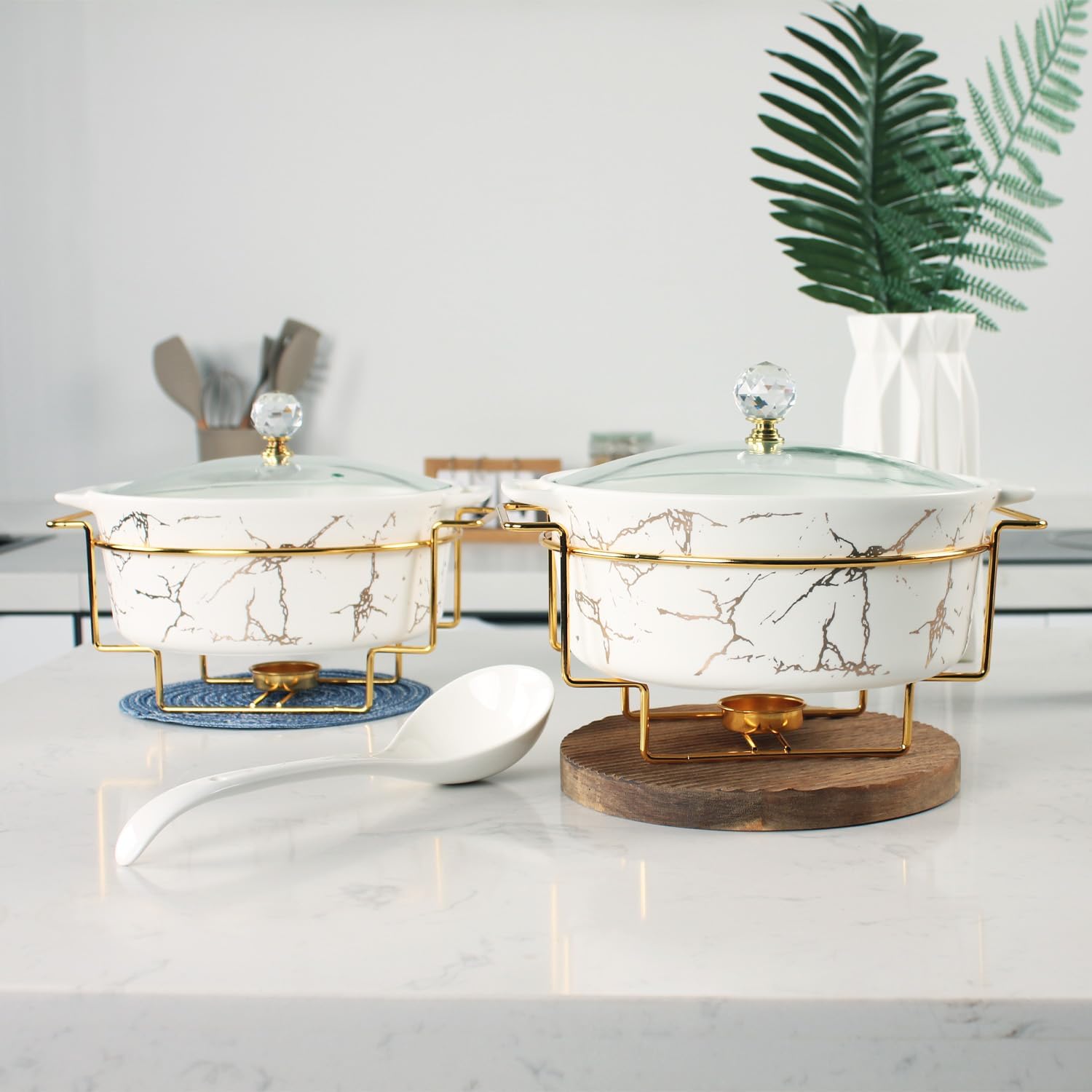 8' Round Ceramic Casserole Dish with Glass Lid and Gold rack Set of 4, 2 qt Serving Soup Tureen, Chafing Dish for Buffet, Family Food preserve Tray, Catering Casserole for Party Style