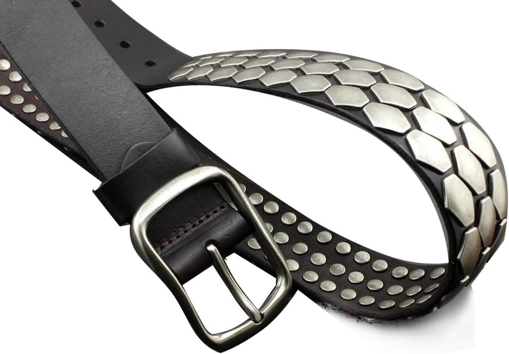 Pin Buckle Rocker Punk Biker Belt – Real Genuine Leather with Metal Sequin Detail
