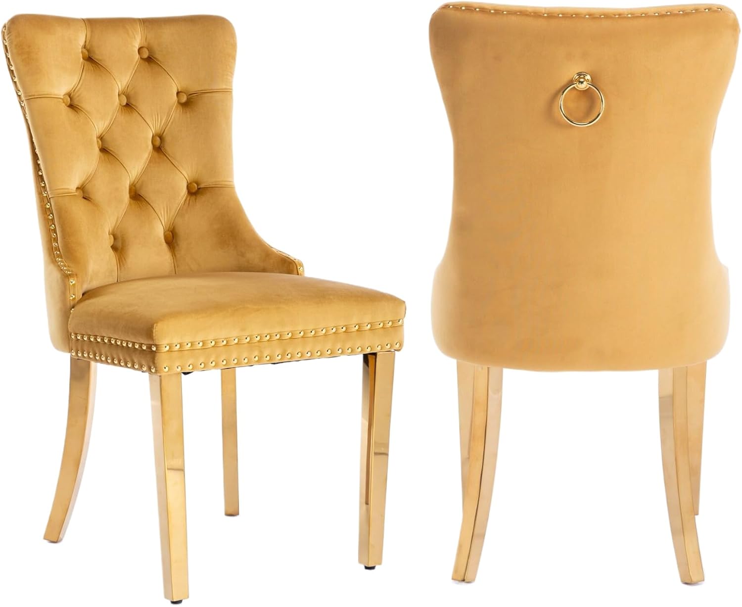 2 Piece Contemporary Velvet Upholstered Dining Chair with Chrome Stainless Steel Plating Legs, Nail Head Decro, Armless Tufted Dining Chair Fabric Dining Room Chair (Gold, Set of 2)