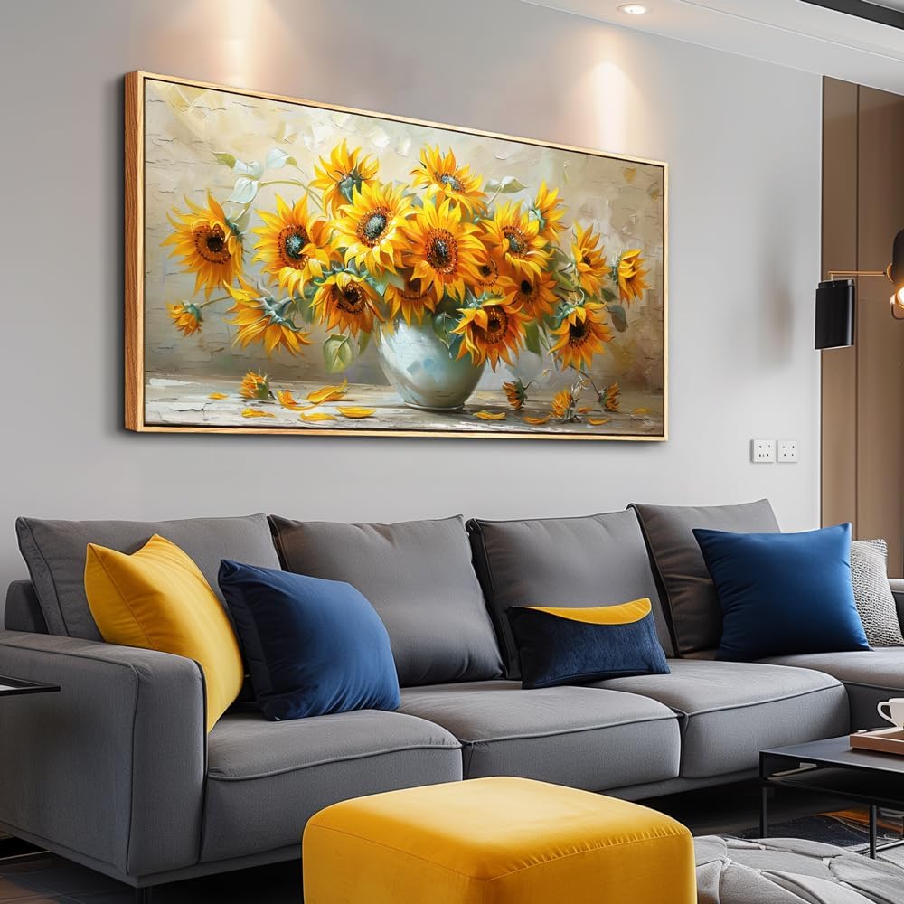 PHAOHUAXM Large Canvas Wall Decor For Living Room Wall Art Vintage Printing Yellow Flower Paintings Dining Room Bedroom Bathroom Kitchen Wall Painting Home Decor Wood Frame Ready To Hang 24x48 In